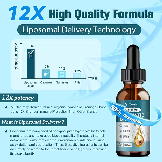 Liposomal Lymphatic Drainage Drops - 11 In 1 Organic Lymphatic Drainage Supplement with Burdock Root, Echinacea, Elderberry, Calendula, Cleavers Herb, Dandelion Supports Lymphatic Health 2 FL.OZ